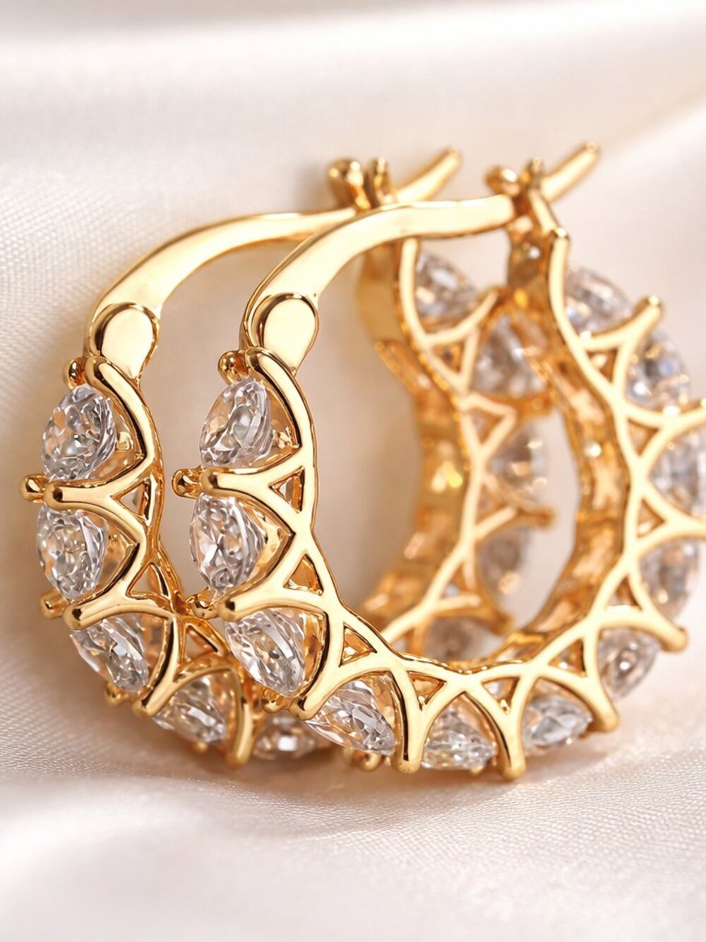 Gold Plated Zircon Hoop Earrings Openwork Sparkle Statement Hoop Lightweight NWT